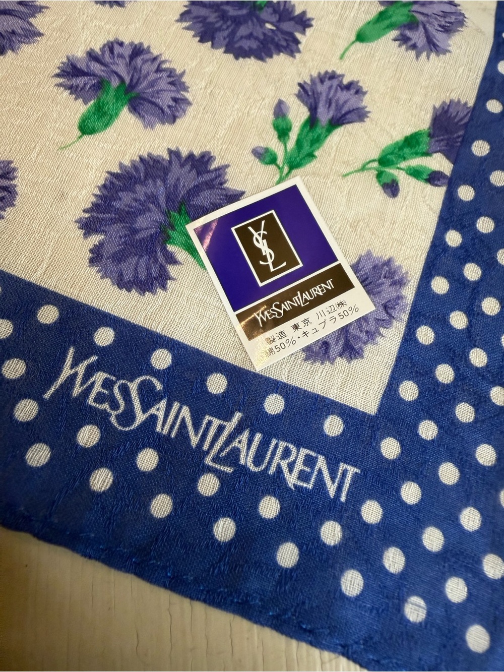 NWOT Yves Saint Laurent Floral & Polka Dot Cotton Scarf - Blue & Purple